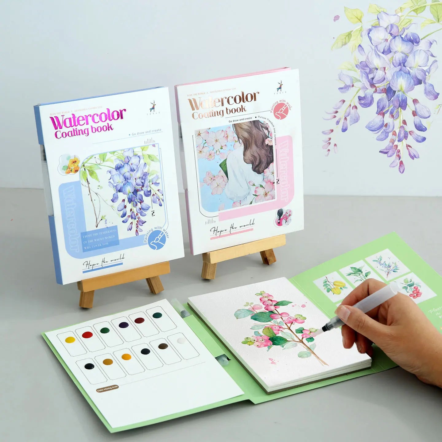YUELU Pastel Floral Watercolor Painting Toy Portable Travel Beginners Practice Watercolor Sketchbook Set with Pigment Card