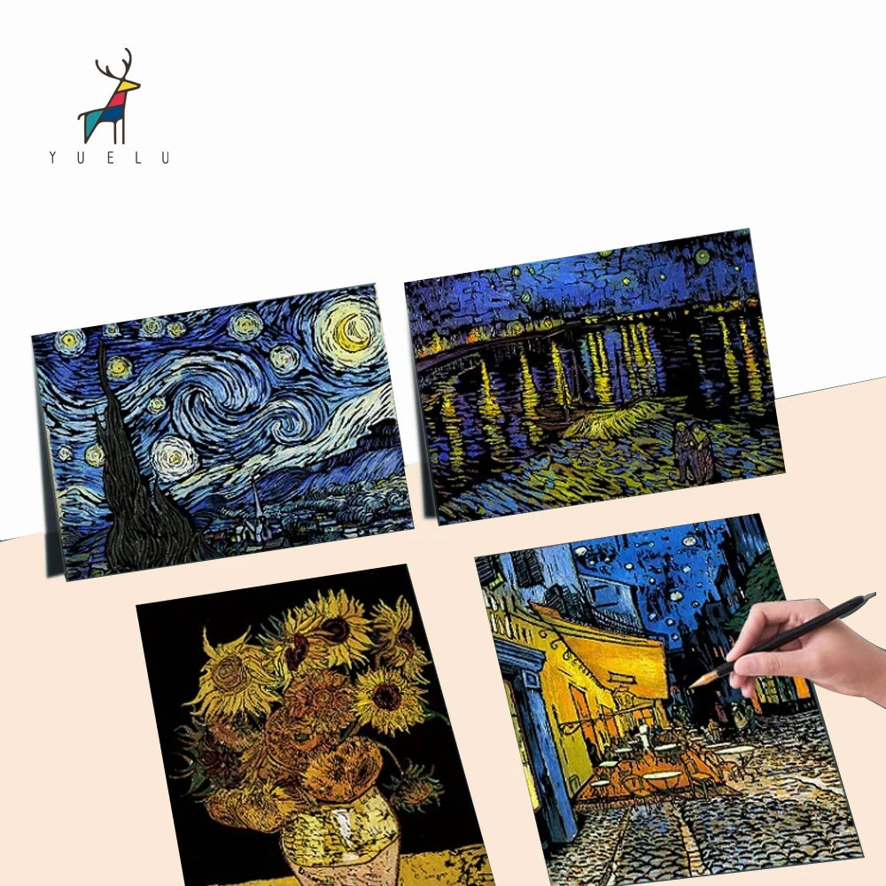 YUELU Creative Colorful Scratch Paper Van Gogh Collection Graffiti Scratch painting Adult Decompression Handmade Painting Set