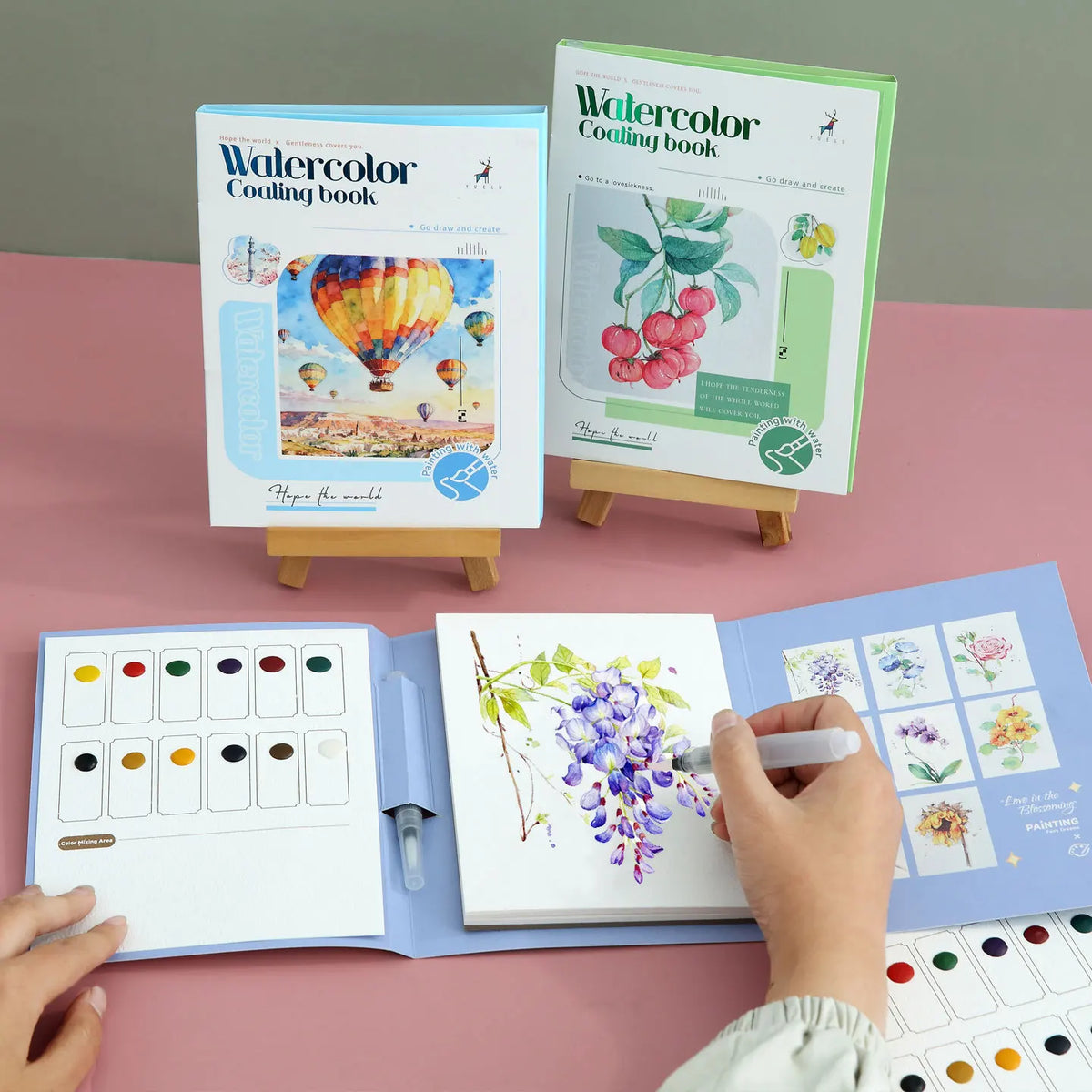 YUELU Pastel Floral Watercolor Painting Toy Portable Travel Beginners Practice Watercolor Sketchbook Set with Pigment Card