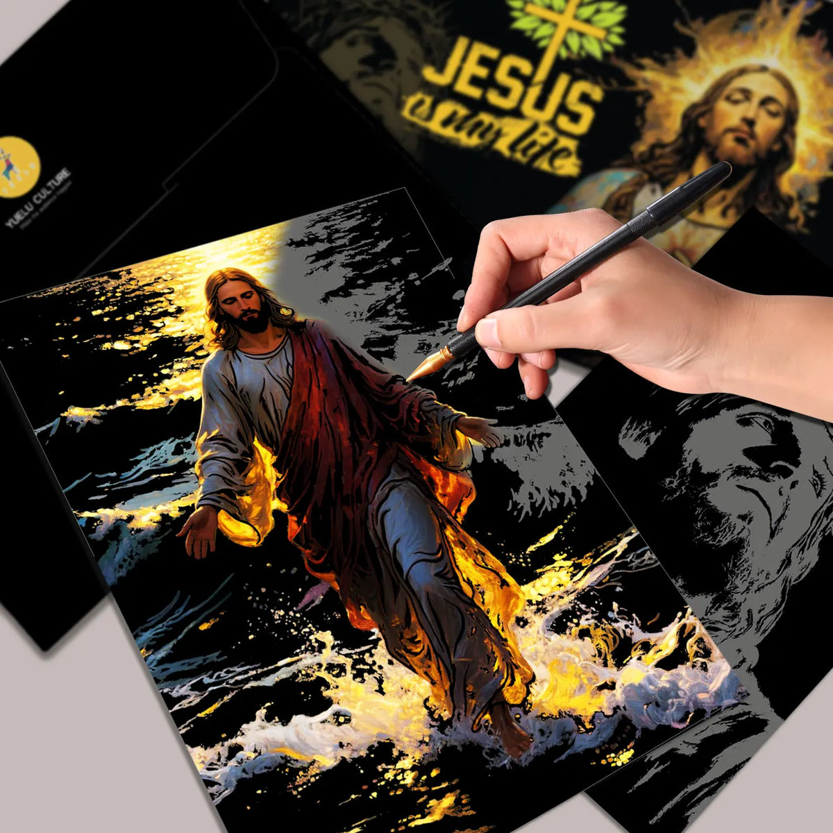 YUELU A3 Size 4pcs Jesus Art Scratch Painting Paper Creative Scratch Art Rainbow Drawing Set for Adult