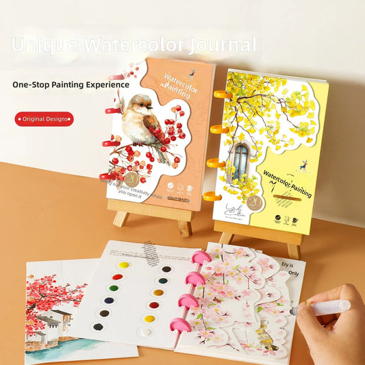 Yuelu Portable Watercolor Notebook with 12-color Paint, Die-cut Design, Mushroom Button Closure Watercolor Notebook