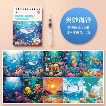 YUELU Kids Drawing Books Reusable Animal Water Painting Book Educational Toys Magic Water Book with Pen