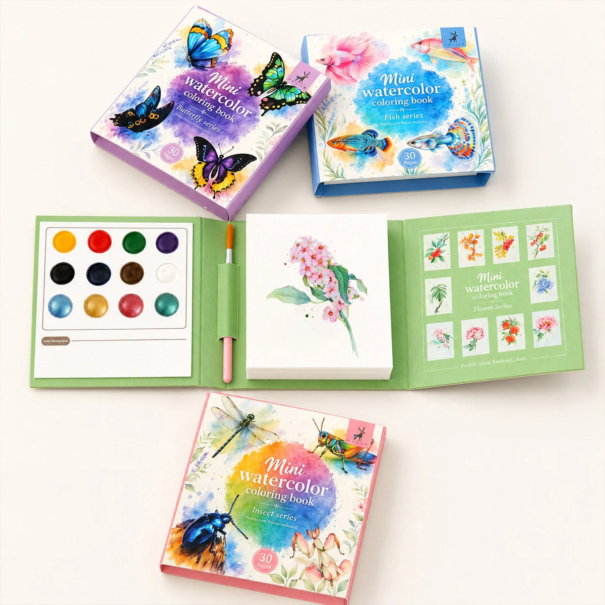 Yue Lu Portable Watercolor Painting Book with Pearl Glitter Notes Paper 9x9 Size DIY Decompression Mini Art Set