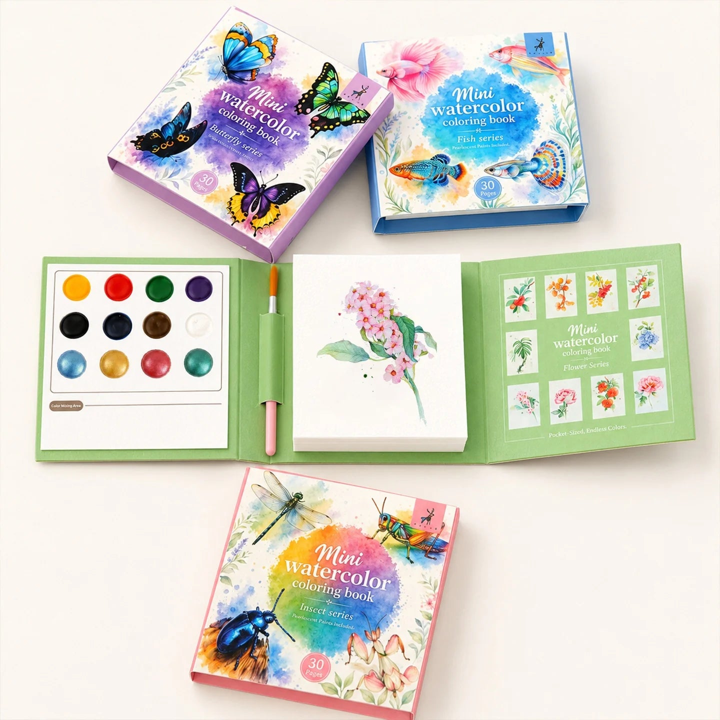 Yue Lu Portable Watercolor Painting Book with Pearl Glitter Notes Paper 9x9 Size DIY Decompression Mini Art Set