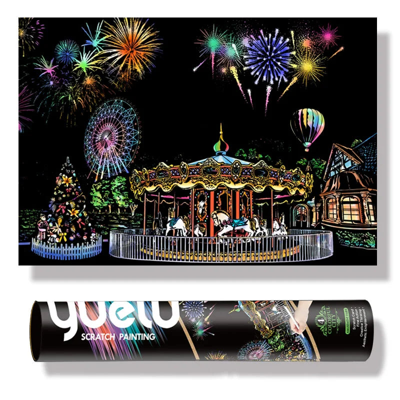 YUELU  29.5*20.4 Inches DIY  Famous city Building Night Painting Reel Packing Rainbow Scratch Painting