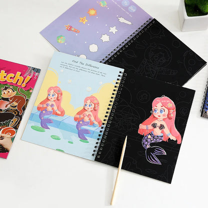 YUELU 4 Design Wholesale 15.7*20.7cm Cartoon Scratch Book Children DIY Educational Toys Magic Rainbow Scratch Art Paper For Kids