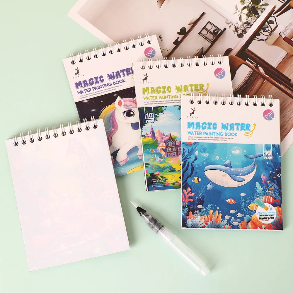 YUELU Kids Drawing Books Reusable Animal Water Painting Book Educational Toys Magic Water Book with Pen