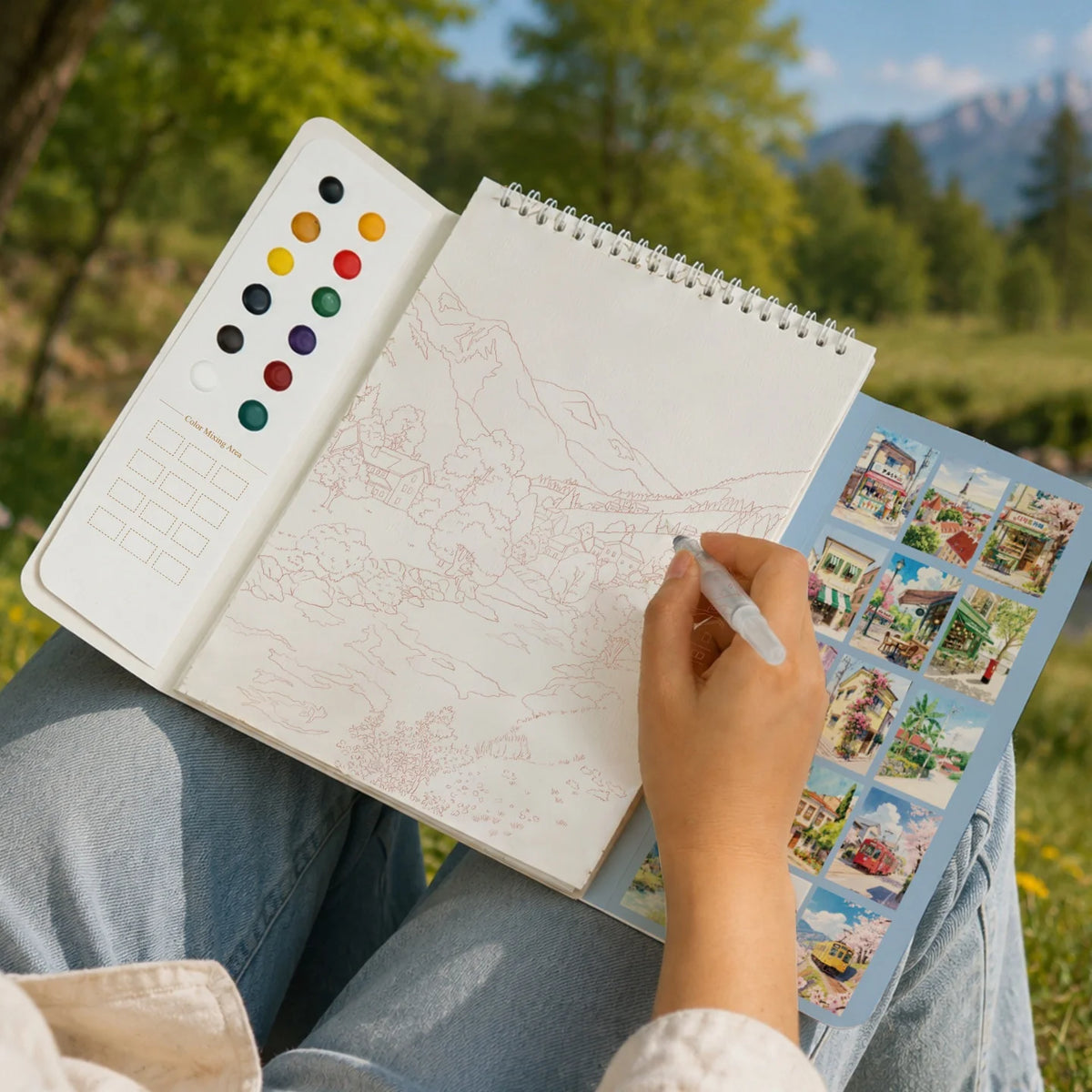 Creative Adult Watercolor Paper Coloring Book with 12 ColorsSimply Wet Paint; Portable Spiral-Bound Travel Art Set
