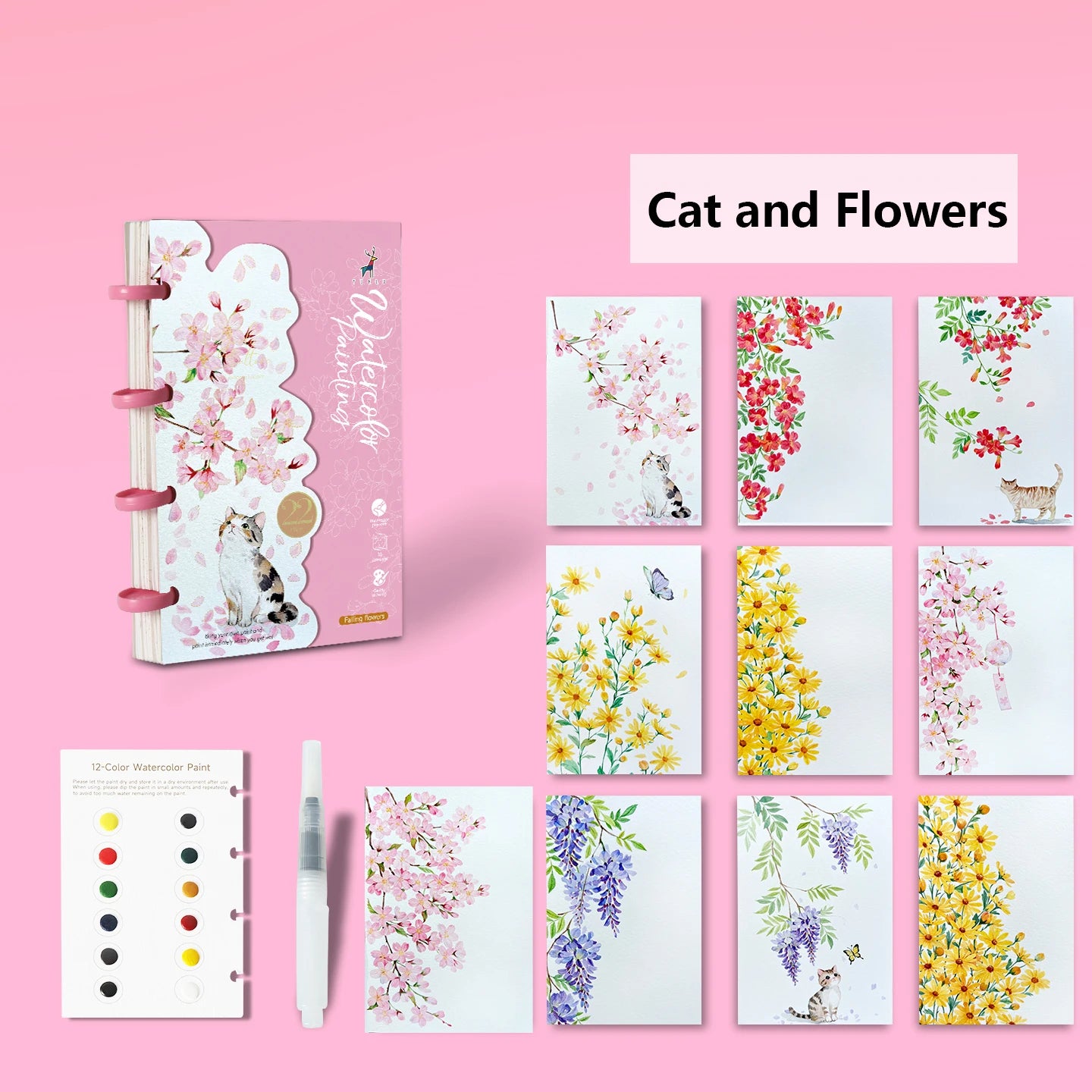 Yuelu Portable Watercolor Notebook with 12-color Paint, Die-cut Design, Mushroom Button Closure Watercolor Notebook
