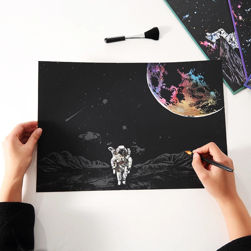 YUELU Astronaut Scratch Painting DIY Art Craft Space Night Painting Scratchboard Rainbow Scratch Paper for Adults Toy