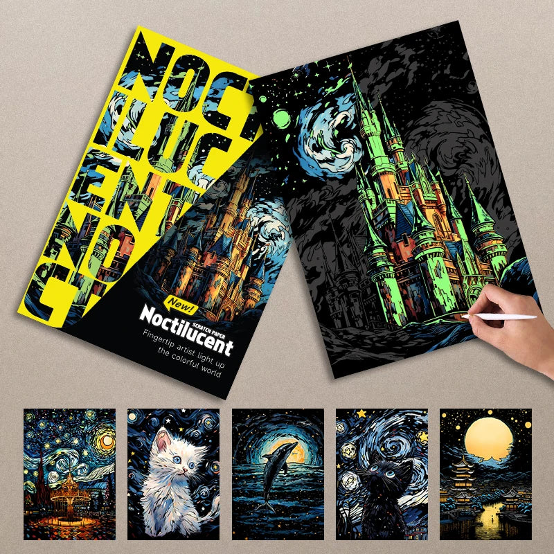 YUELU Scratch Paper Set Noctilucent Scratch Art Paper DIY Bookmark Drawing Coloring Book Adult Toy Luminous Scratch Drawing