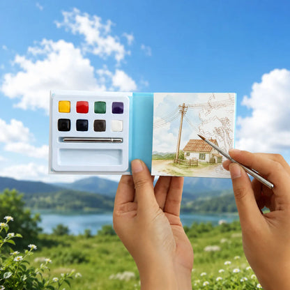 YUELU Travel Portable Mini Watercolor Kit with 8 Built-in Colors and Water Brush Watercolor Paper Sketchbook