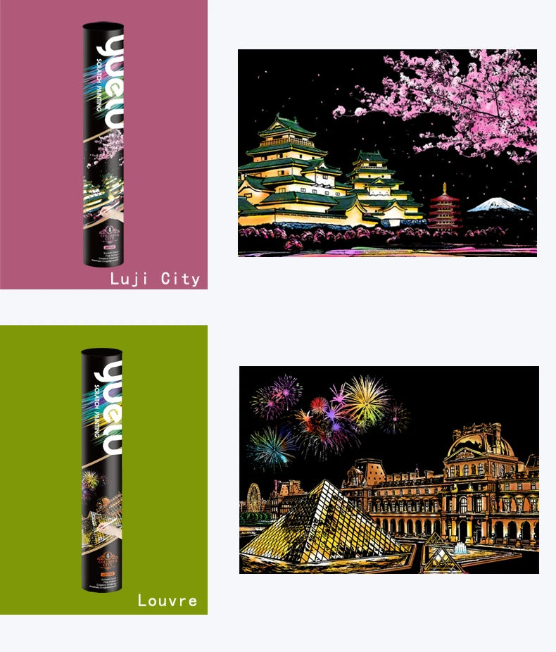 YUELU  29.5*20.4 Inches DIY  Famous city Building Night Painting Reel Packing Rainbow Scratch Painting