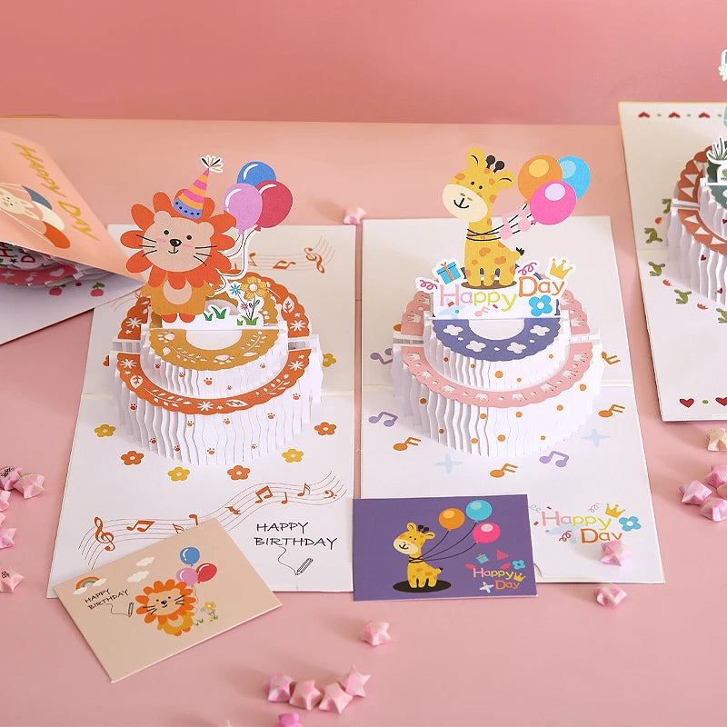 Wholesale Custom Printing Cute Birthday cake Happy Birthday 3D Pop Up Greeting Cards with Envelopes OEM or ODM