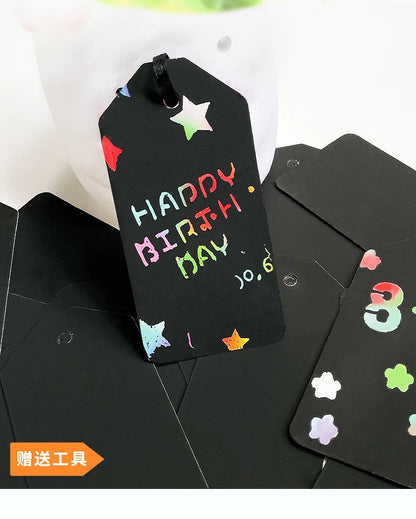 Rainbow scratch paper note with 25 pages, 25 ribbons and 2 bamboo scratching pens for kid's DIY