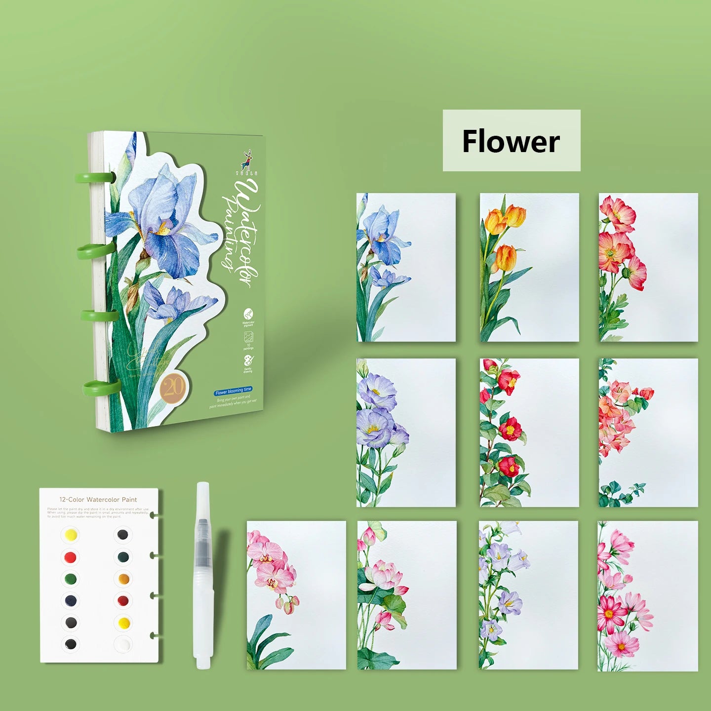 Yuelu Portable Watercolor Notebook with 12-color Paint, Die-cut Design, Mushroom Button Closure Watercolor Notebook