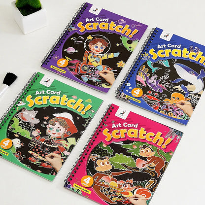 YUELU 4 Design Wholesale 15.7*20.7cm Cartoon Scratch Book Children DIY Educational Toys Magic Rainbow Scratch Art Paper For Kids