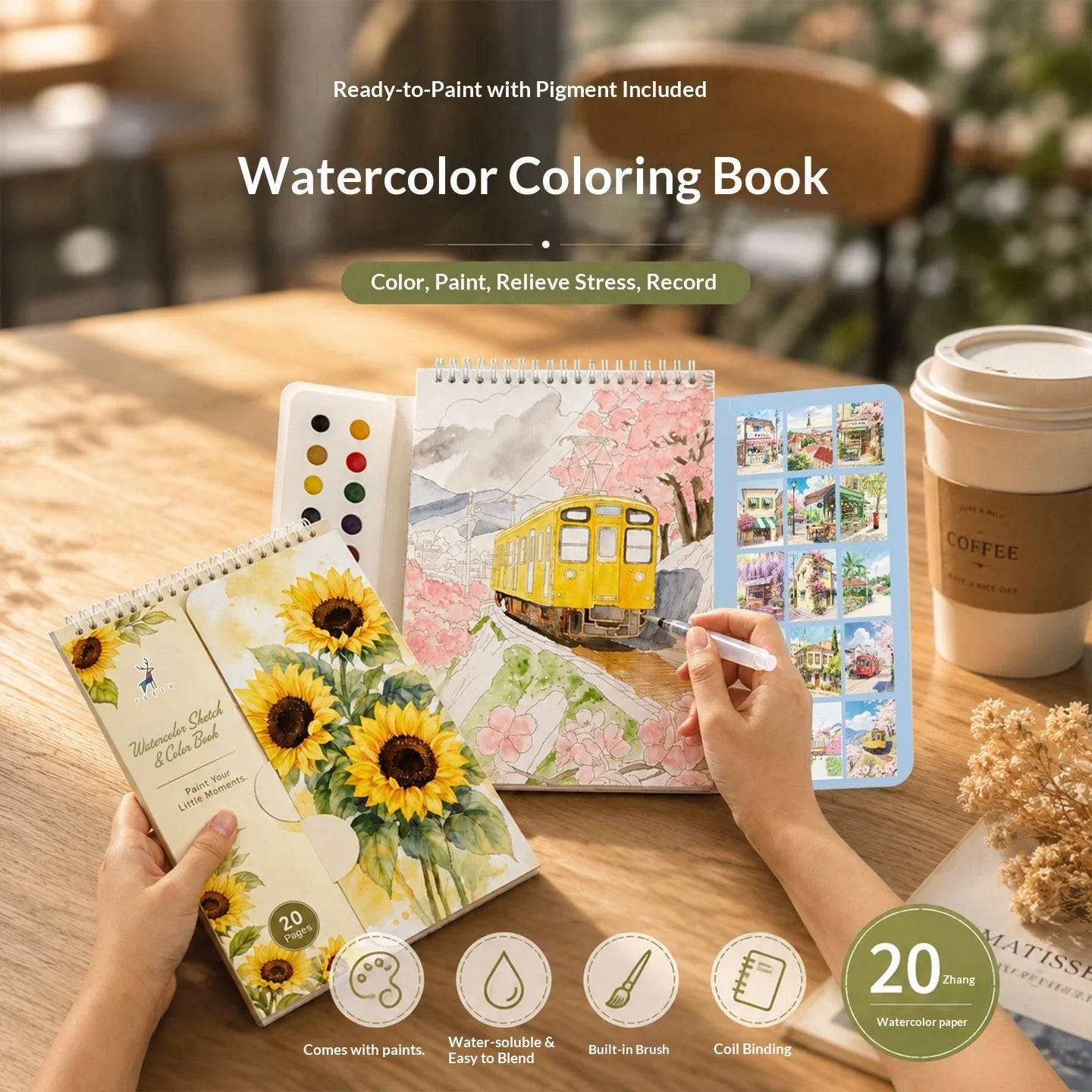 Creative Adult Watercolor Paper Coloring Book with 12 ColorsSimply Wet Paint; Portable Spiral-Bound Travel Art Set