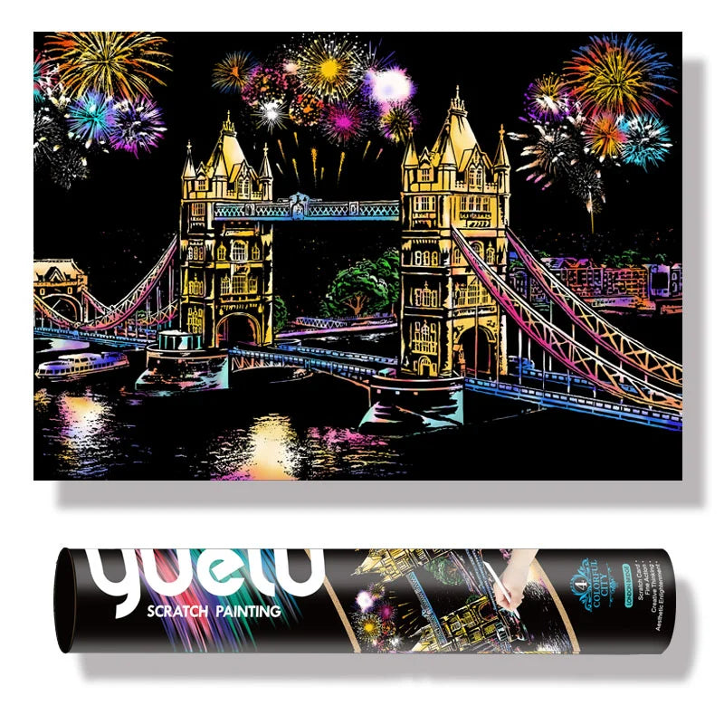 YUELU  29.5*20.4 Inches DIY  Famous city Building Night Painting Reel Packing Rainbow Scratch Painting