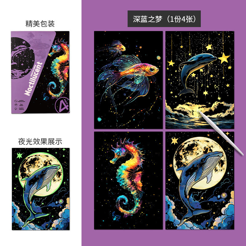 Glow in the Dark with YUELU A5 Scratch Art Paper, 4 Sheets of Adult Colorful Scratch Drawing for Students, Creative Toy Scratch Art Set