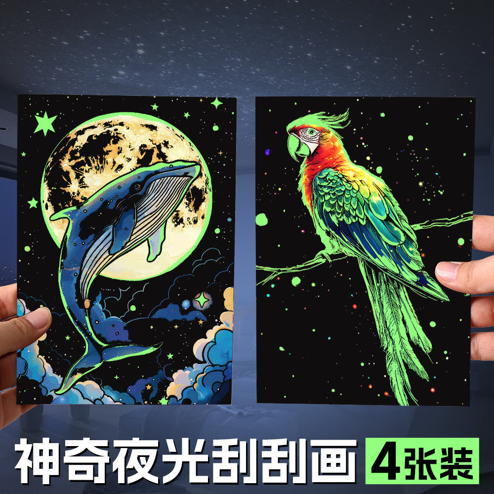 Glow in the Dark with YUELU A5 Scratch Art Paper, 4 Sheets of Adult Colorful Scratch Drawing for Students, Creative Toy Scratch Art Set