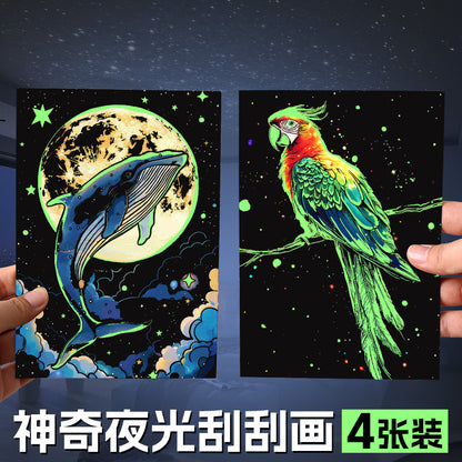 Glow in the Dark with YUELU A5 Scratch Art Paper, 4 Sheets of Adult Colorful Scratch Drawing for Students, Creative Toy Scratch Art Set