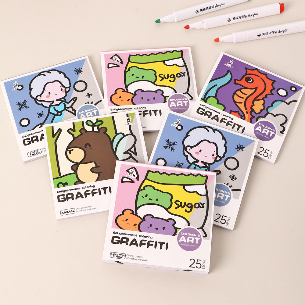 Convenient Cartoon Coloring Book for Kids with 25 Mini Watercolor Pages - Ideal for Kindergarten Children to Paint and Doodle