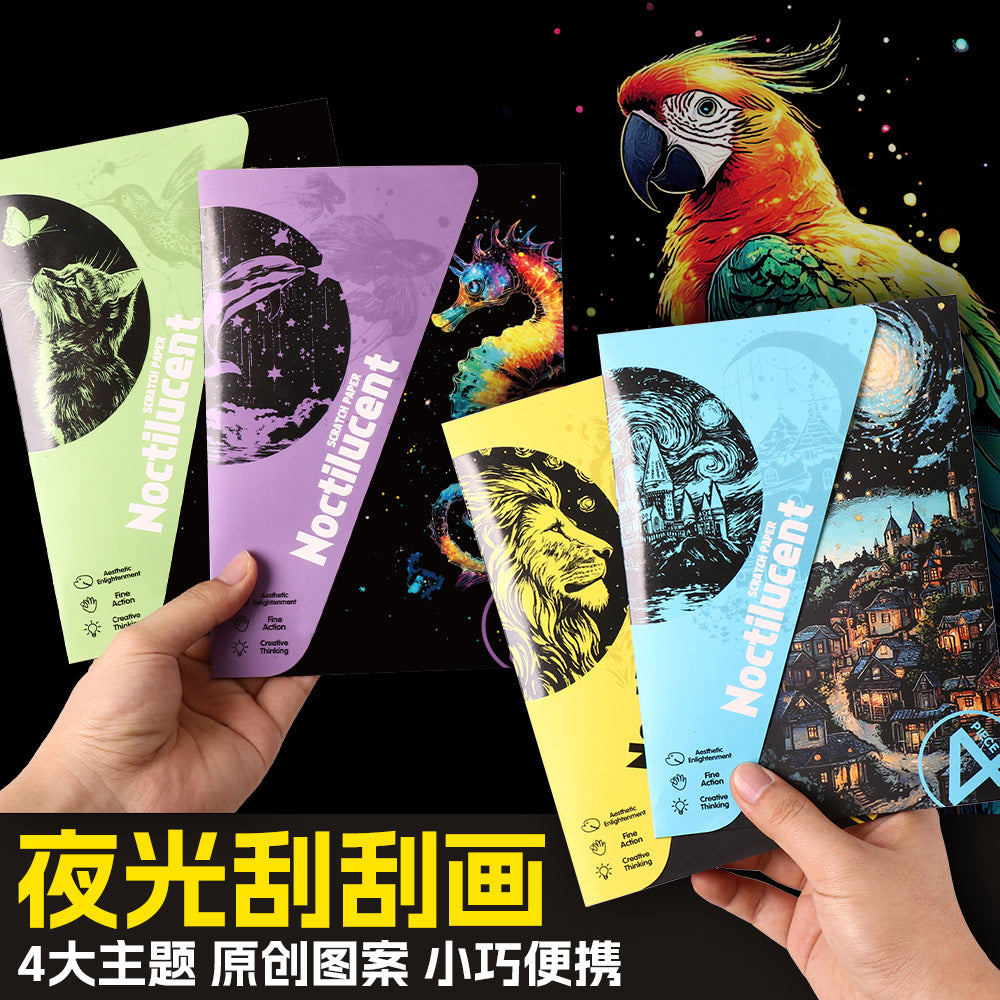 Glow in the Dark with YUELU A5 Scratch Art Paper, 4 Sheets of Adult Colorful Scratch Drawing for Students, Creative Toy Scratch Art Set