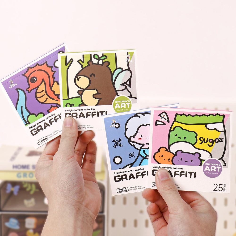Convenient Cartoon Coloring Book for Kids with 25 Mini Watercolor Pages - Ideal for Kindergarten Children to Paint and Doodle