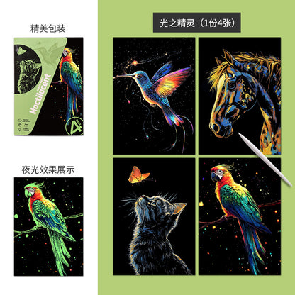 Glow in the Dark with YUELU A5 Scratch Art Paper, 4 Sheets of Adult Colorful Scratch Drawing for Students, Creative Toy Scratch Art Set