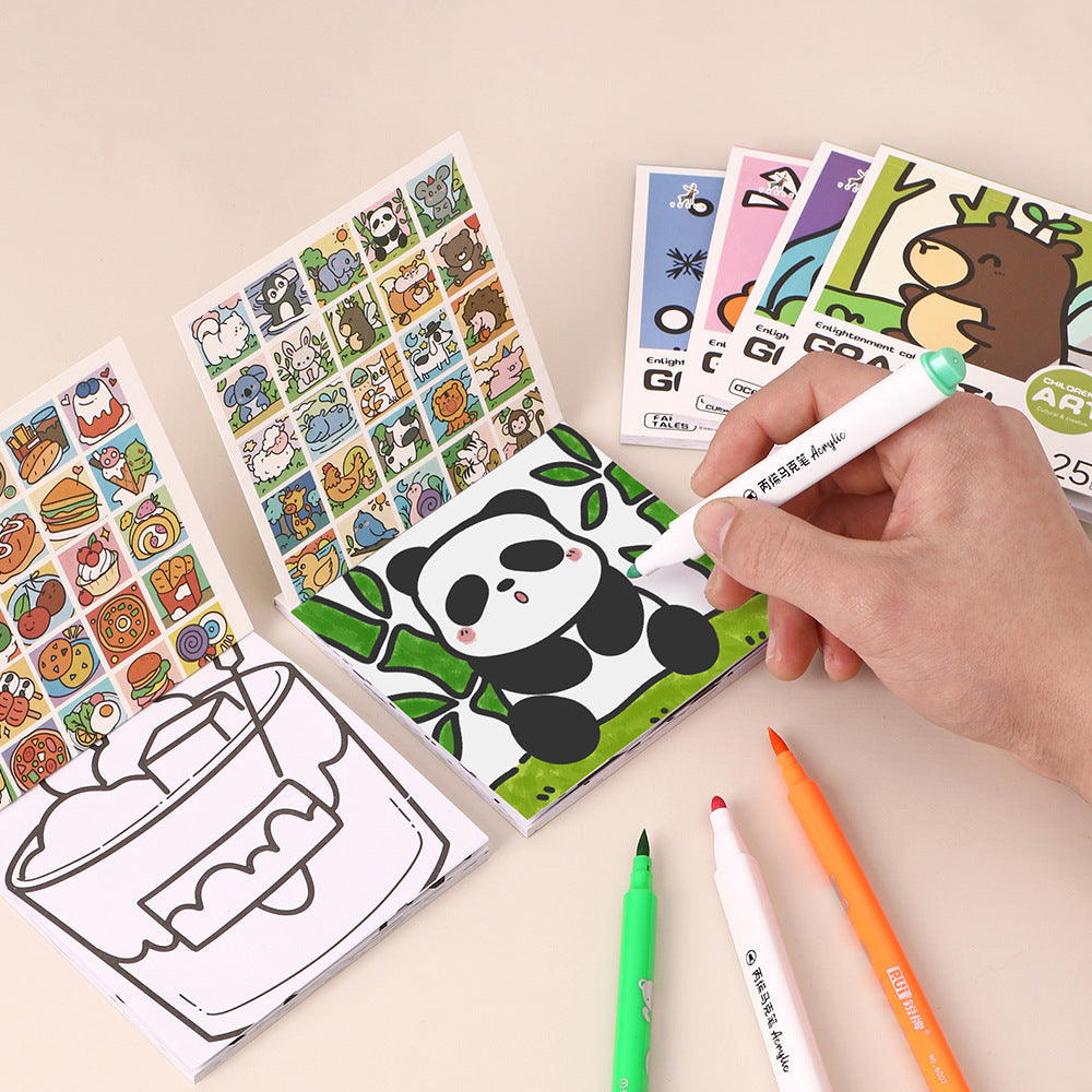 Convenient Cartoon Coloring Book for Kids with 25 Mini Watercolor Pages - Ideal for Kindergarten Children to Paint and Doodle