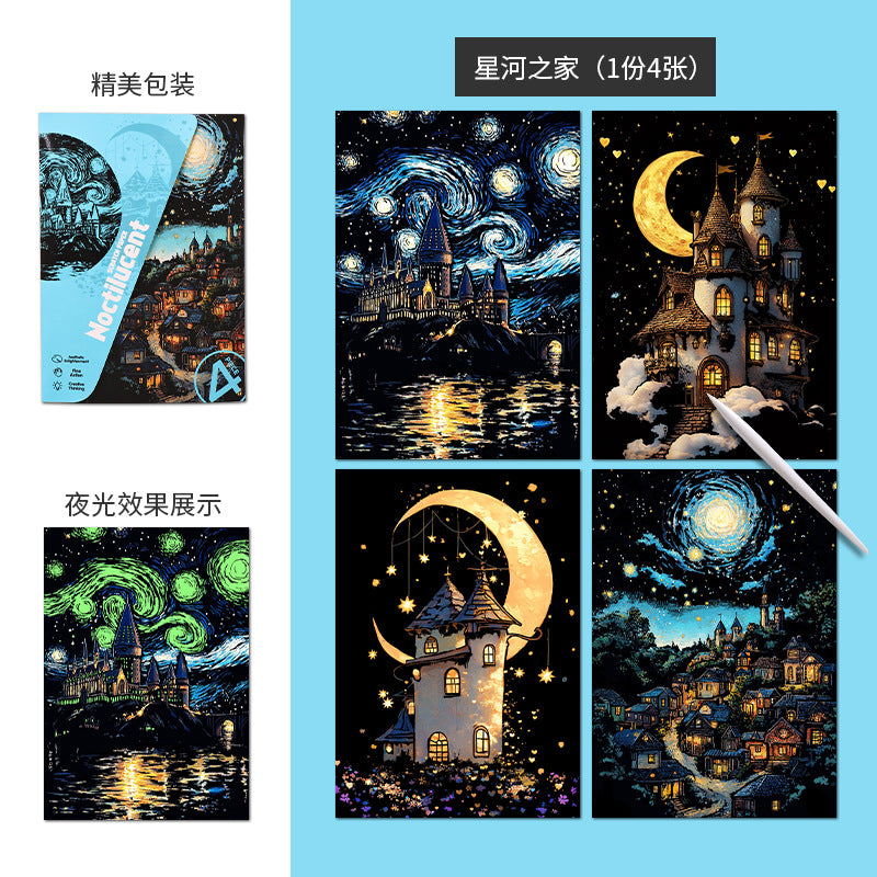 Glow in the Dark with YUELU A5 Scratch Art Paper, 4 Sheets of Adult Colorful Scratch Drawing for Students, Creative Toy Scratch Art Set