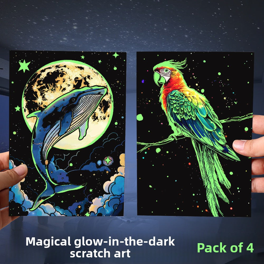 Glow in the Dark with YUELU A5 Scratch Art Paper, 4 Sheets of Adult Colorful Scratch Drawing for Students, Creative Toy Scratch Art Set