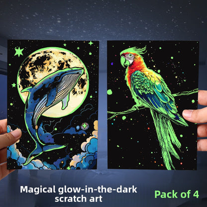 Glow in the Dark with YUELU A5 Scratch Art Paper, 4 Sheets of Adult Colorful Scratch Drawing for Students, Creative Toy Scratch Art Set