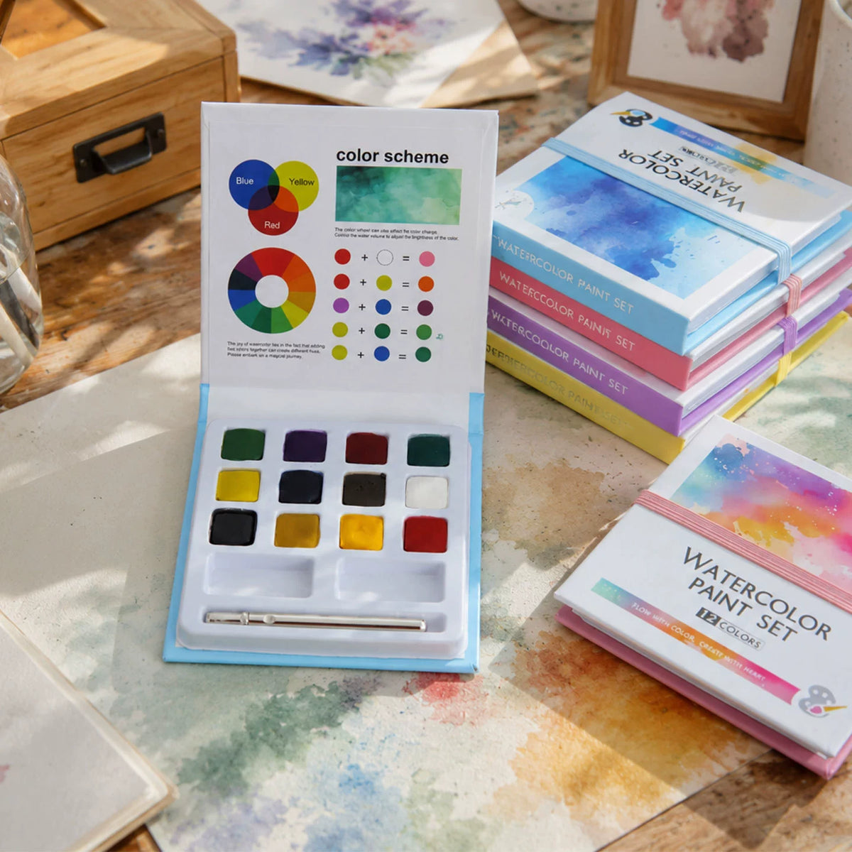 Open 12-color watercolor palette with color mixing guide