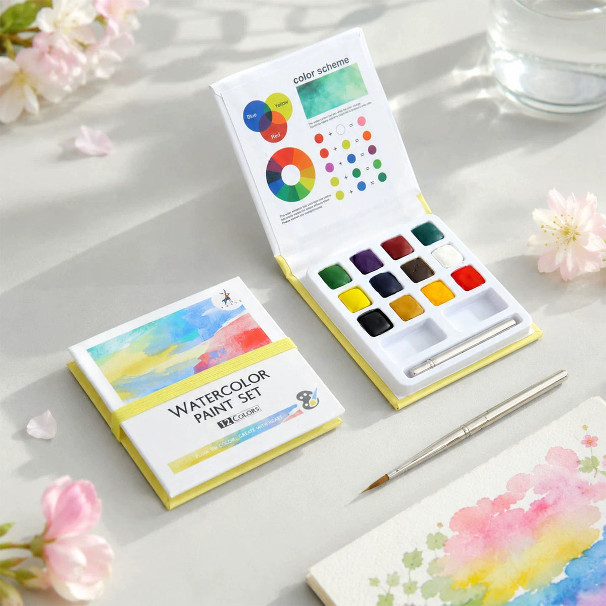 Yellow cover watercolor set with detachable travel brush