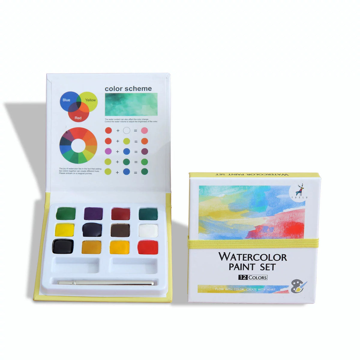 YUELU 12-color watercolor set on white background