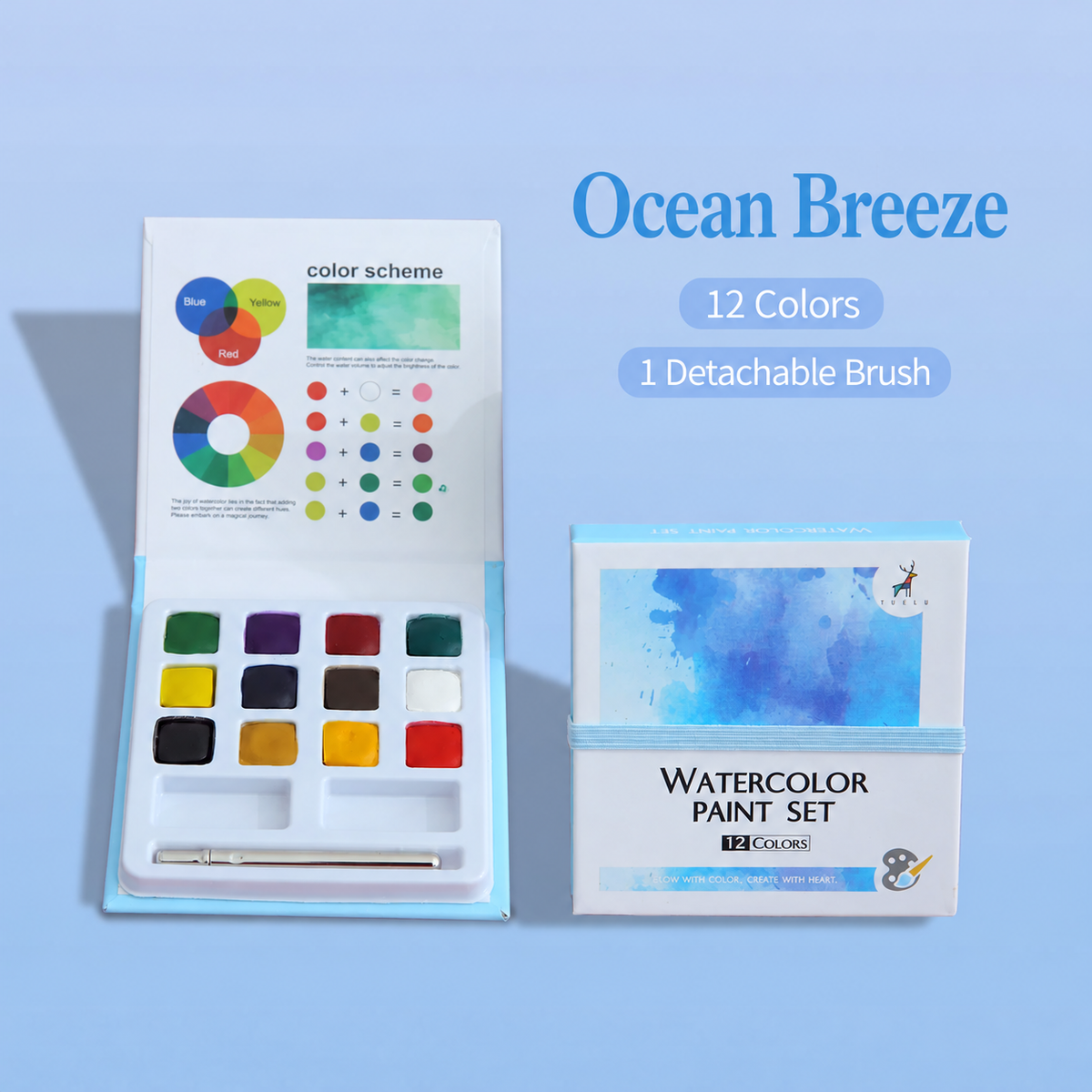 Ocean Breeze 12-color watercolor set with detachable brush