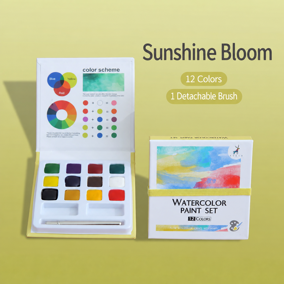 Sunshine Bloom 12-color watercolor set with detachable brush