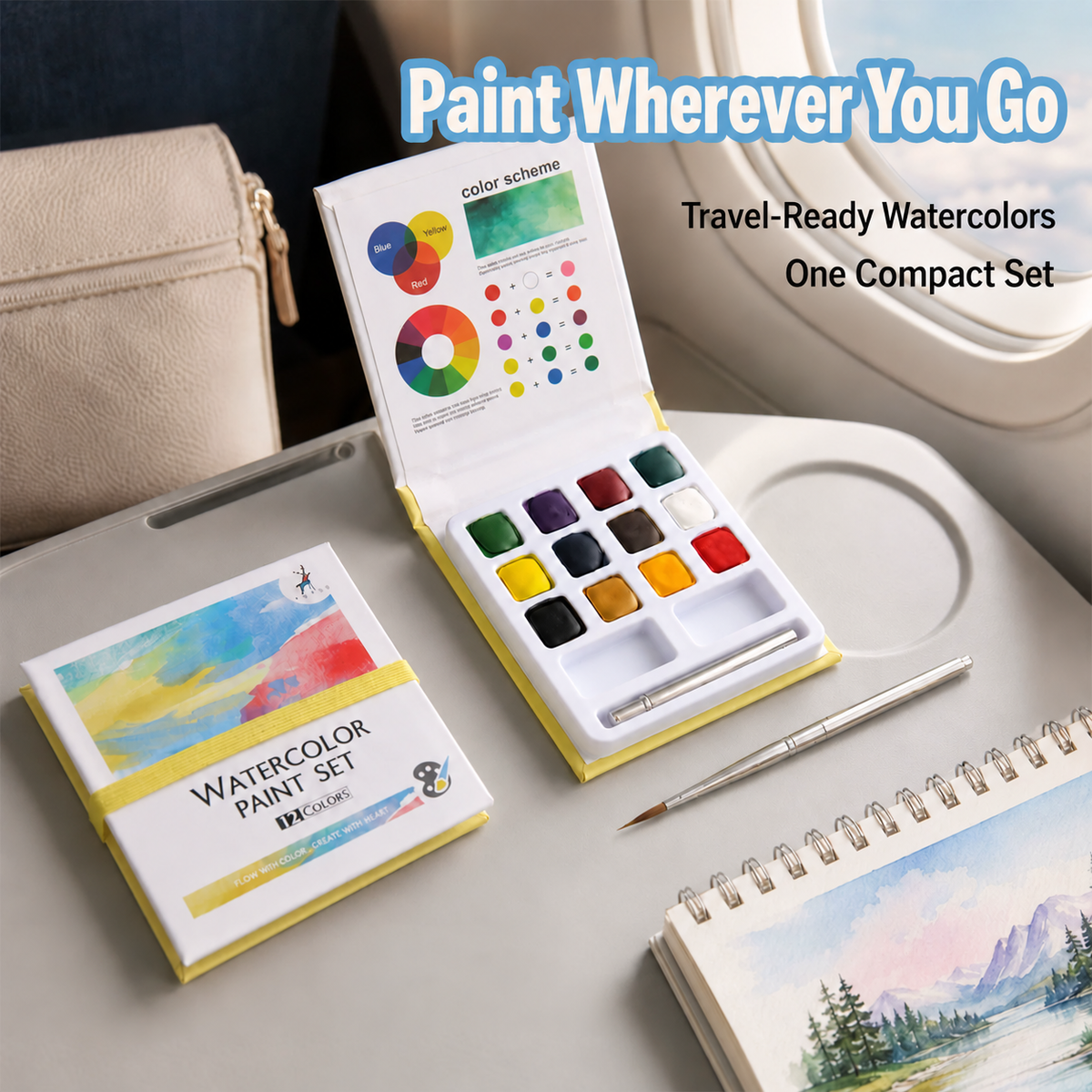 YUELU portable 12-color watercolor paint set with detachable brush in a travel setting