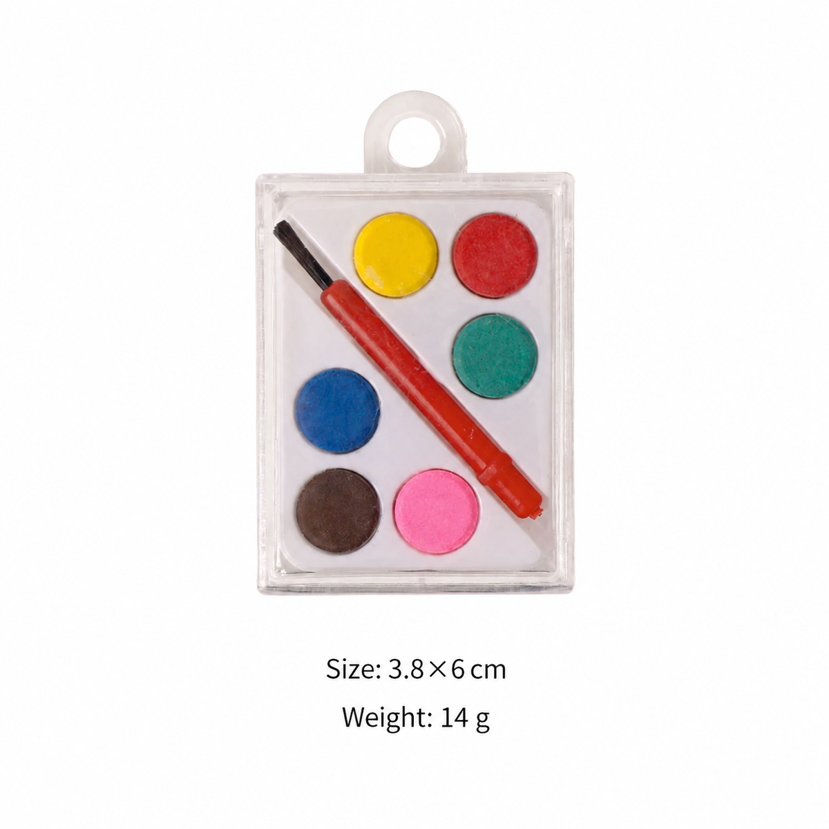 Six-color watercolor set measuring 3.8 by 6 cm and weighing 14 g