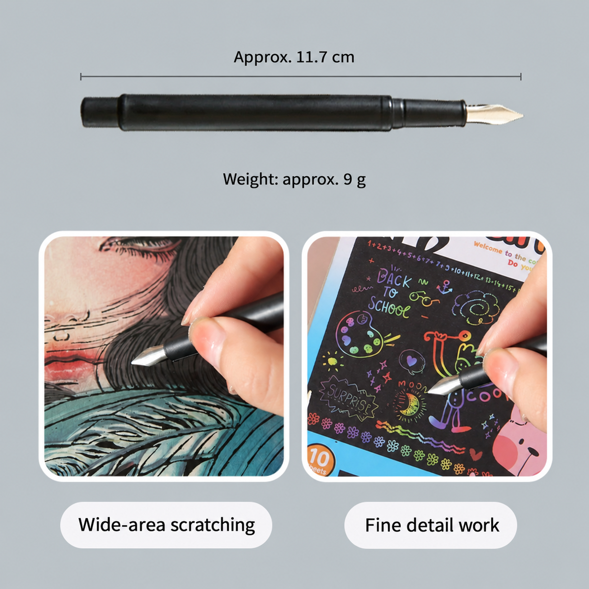 Scratch art pen dimensions and uses: approximately 11.7 cm and 9 g