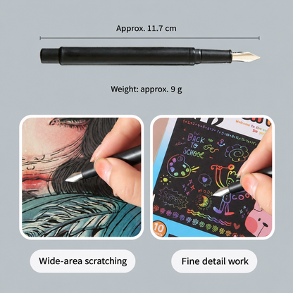 Scratch art pen dimensions and uses: approximately 11.7 cm and 9 g