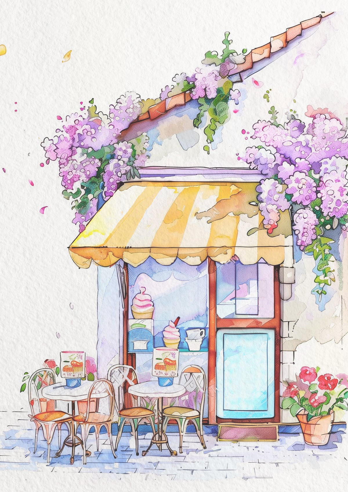 The same café painted in watercolor