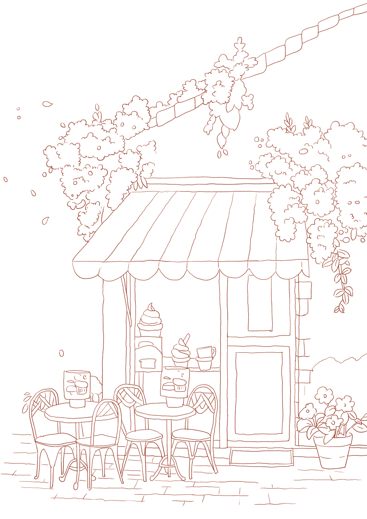 Original uncolored outline of a flower-covered café