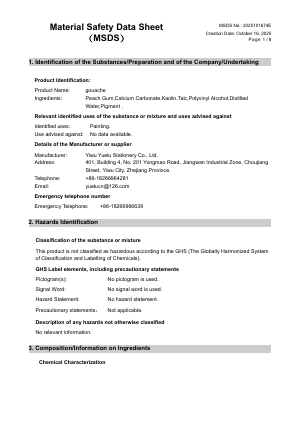 Gouache material safety data sheet, safety information page