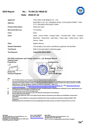 Watercolor US safety data sheet, cover page